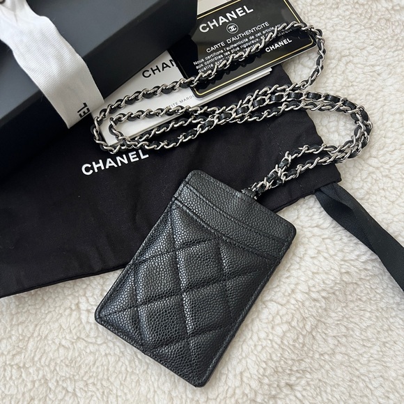 Auth BN Chanel Black Caviar ID Badge Card Holder With Chain - Picture 3 of 9